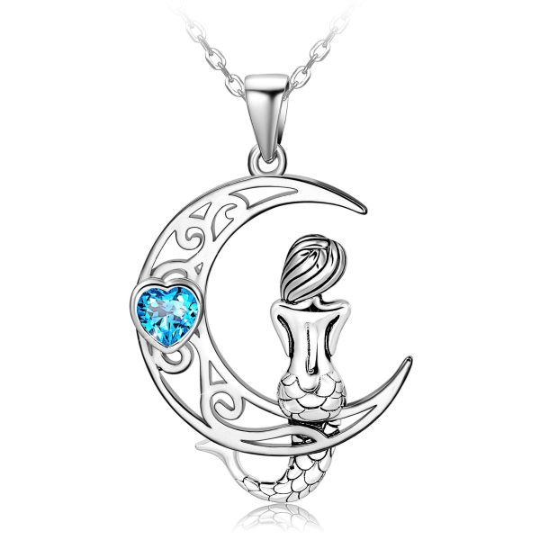 Sterling Silver Classic Sea Mermaid Crescent Moon Necklace Pendant Valentine's Gifts Jewelry