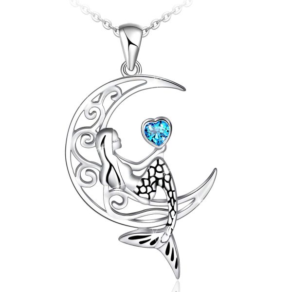 Sterling Silver Classic Sea Mermaid Crescent Moon Necklace Pendant Valentine's Gifts Jewelry