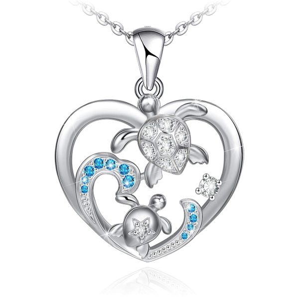 Health and Longevity Mom and Baby Sea Turtle Pendant Necklace for Women Sterling Silver Love Heart Jewelry Gifts