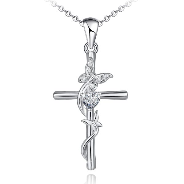 Cross Necklace for Women Sterling Silver Double Butterfly with Cubic Zirconia Pendant Necklace