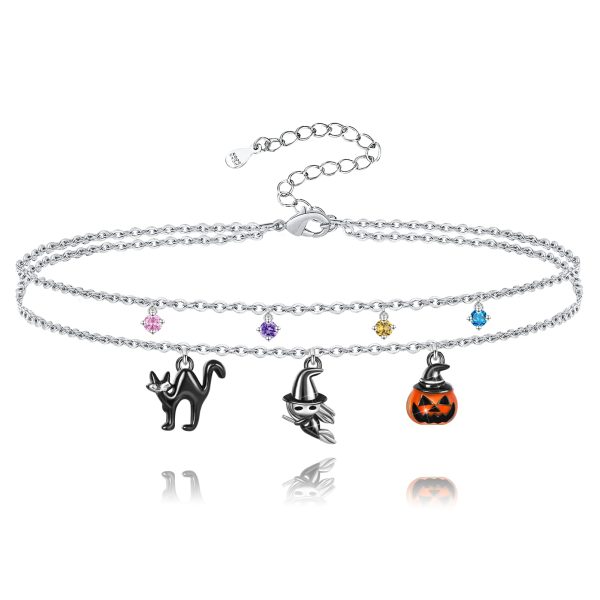 Halloween Bracelet For Western Sterling Silver Evil Eye Moon Witch Ghost Cat Pumpkin Bat Layered Bracelet Jewelry