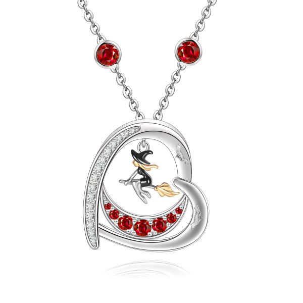 Witch Necklace Sterling Silver Heart Witch Pendant Necklace  with Heart Moon Christmas Birthday Memorial Gift