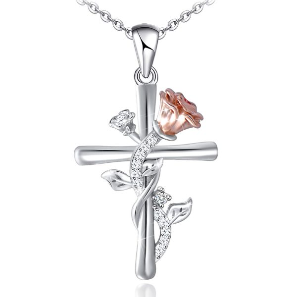 Sterling Silver Rose Flower Necklace, Rose Bracelet, Two-Tone Cross Pendant Necklaces