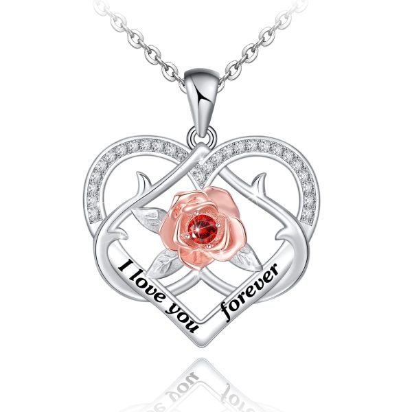 Rose Flower Necklace for Women Sterling Silver Double Heart Jewelry, I Love You Forever Pendant Necklaces Jewelry Gifts