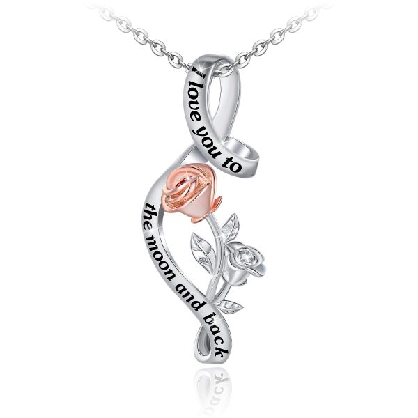 Sterling Silver Rose Flower Necklace, Rose Bracelet, Two-Tone Cross Pendant Necklaces