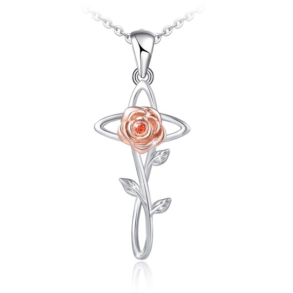 Sterling Silver Rose Flower Necklace, Rose Bracelet, Two-Tone Cross Pendant Necklaces