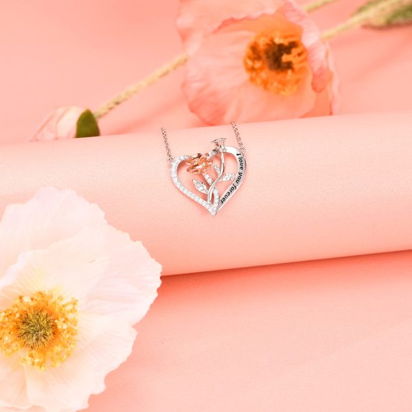 Rose Heart Necklace for Women Sterling Sliver Two-Tone Rose Flower Jewelry - Image 4