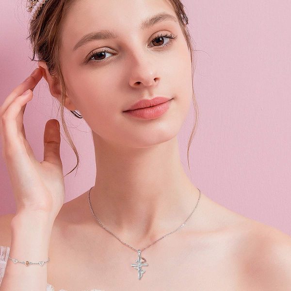 Sterling Silver Rose Flower Necklace, Rose Bracelet, Two-Tone Cross Pendant Necklaces - Image 2
