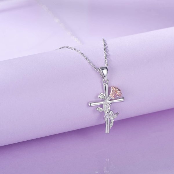 Sterling Silver Rose Flower Necklace, Rose Bracelet, Two-Tone Cross Pendant Necklaces - Image 3
