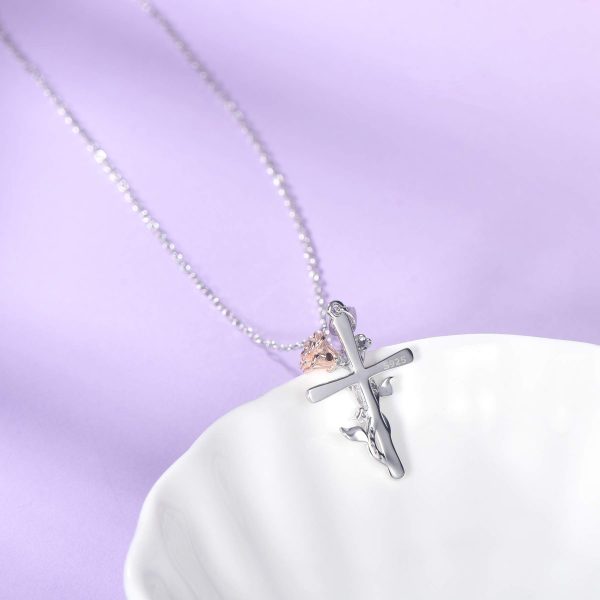Sterling Silver Rose Flower Necklace, Rose Bracelet, Two-Tone Cross Pendant Necklaces - Image 4
