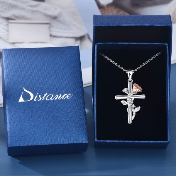 Sterling Silver Rose Flower Necklace, Rose Bracelet, Two-Tone Cross Pendant Necklaces - Image 6