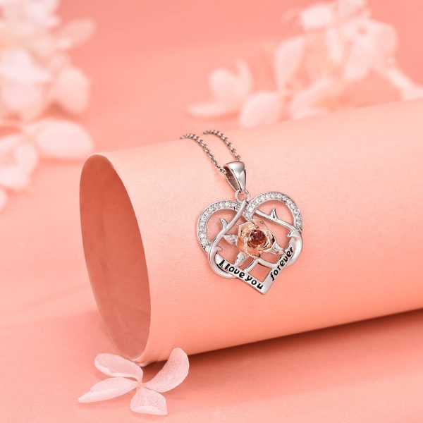 Rose Flower Necklace for Women Sterling Silver Double Heart Jewelry, I Love You Forever Pendant Necklaces Jewelry Gifts - Image 3