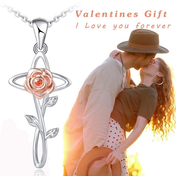 Sterling Silver Rose Flower Necklace, Rose Bracelet, Two-Tone Cross Pendant Necklaces - Image 3