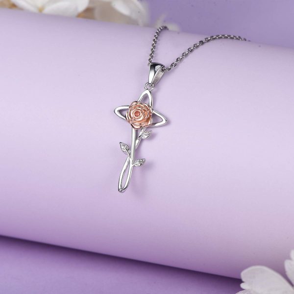 Sterling Silver Rose Flower Necklace, Rose Bracelet, Two-Tone Cross Pendant Necklaces - Image 4