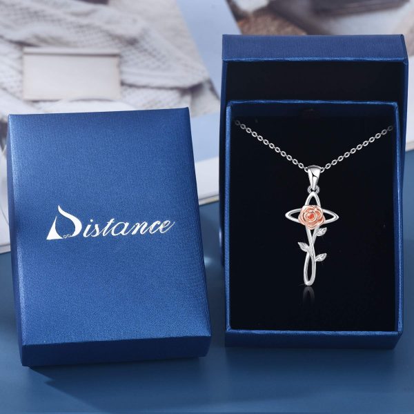 Sterling Silver Rose Flower Necklace, Rose Bracelet, Two-Tone Cross Pendant Necklaces - Image 6