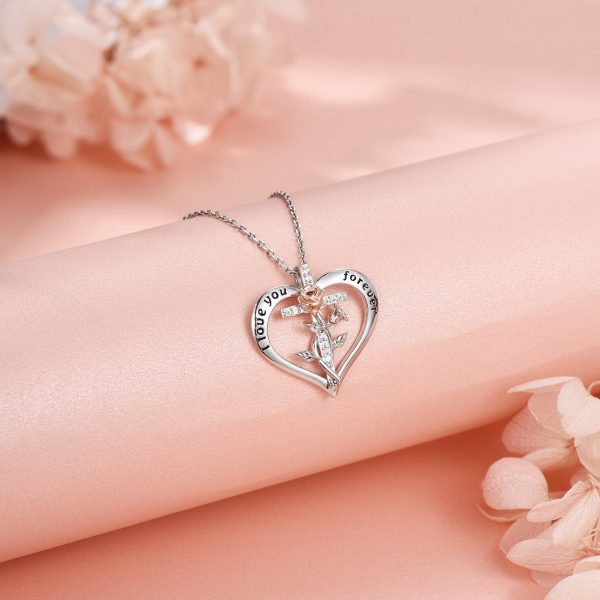 Rose Heart Necklace for Women Girlfriend Sterling Sliver Two-Tone Rose Flower Jewelry - Image 3