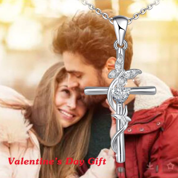 Cross Necklace for Women Sterling Silver Double Butterfly with Cubic Zirconia Pendant Necklace - Image 2