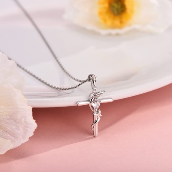 Cross Necklace for Women Sterling Silver Double Butterfly with Cubic Zirconia Pendant Necklace - Image 4