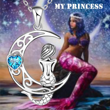 Sterling Silver Classic Sea Mermaid Crescent Moon Necklace Pendant Valentine's Gifts Jewelry - Image 2