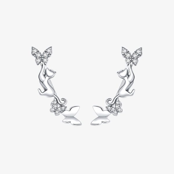 Cat Chasing Butterflies Ear Climber Earrings