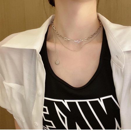 Double Clavicle Chain Necklace With small round tag - Image 2