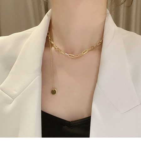 Double Clavicle Chain Necklace With small round tag - Image 3