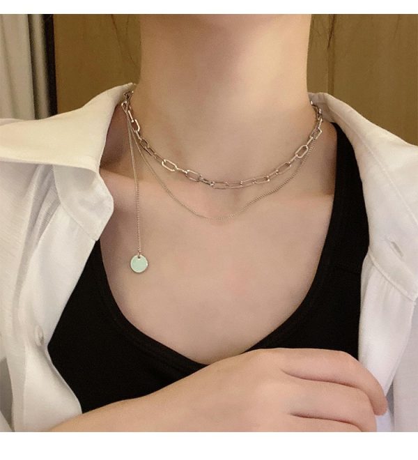Double Clavicle Chain Necklace With small round tag - Image 4