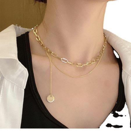 Double Clavicle Chain Necklace With small round tag - Image 5