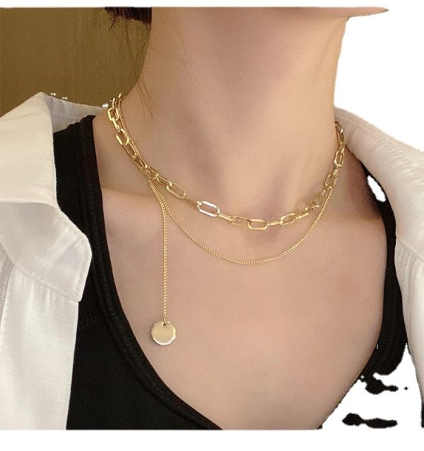 Double Clavicle Chain Necklace With small round tag - Image 5