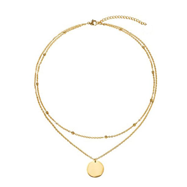 Glossy disc pendant double layer necklace layered clavicle chain