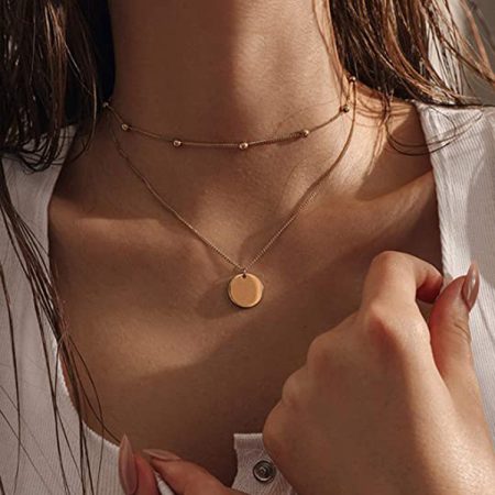Glossy disc pendant double layer necklace layered clavicle chain - Image 2