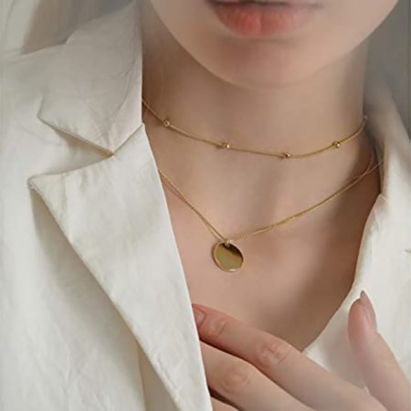 Glossy disc pendant double layer necklace layered clavicle chain - Image 3