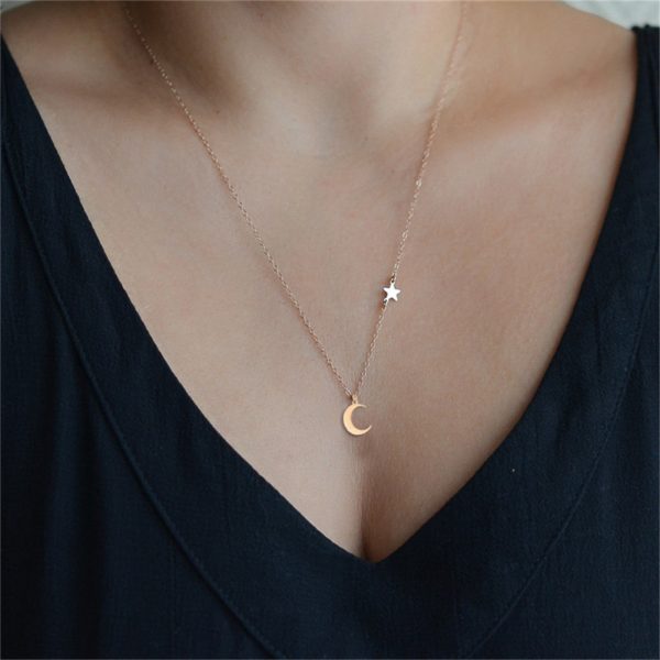 Moon Star Pendant Choker Necklace Stainless Steel Chain Necklace - Image 2